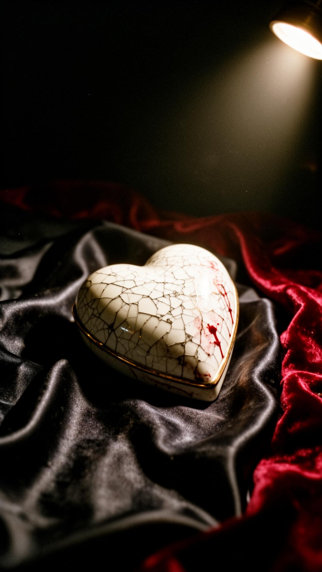 A cracked porcelain heart on dark velvet — The Heartbreak Pack